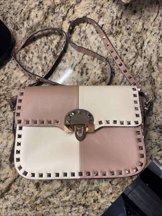 Handbags - Studded Two-Tone Pink and Cream Crossbody Bag